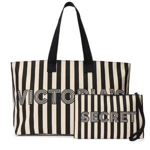 Victoria’s Secret Canvas Stripe Black Cream Tote Bag & Wristlet Set NWT